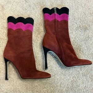 Sergio Rossi mid-calf booties burgundy suede pink black scalloped trim 35